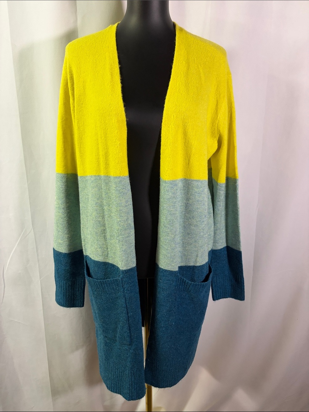 NWT A New Day Green Teal Colorblock Long Sleeve Open Front Longline Cardigan